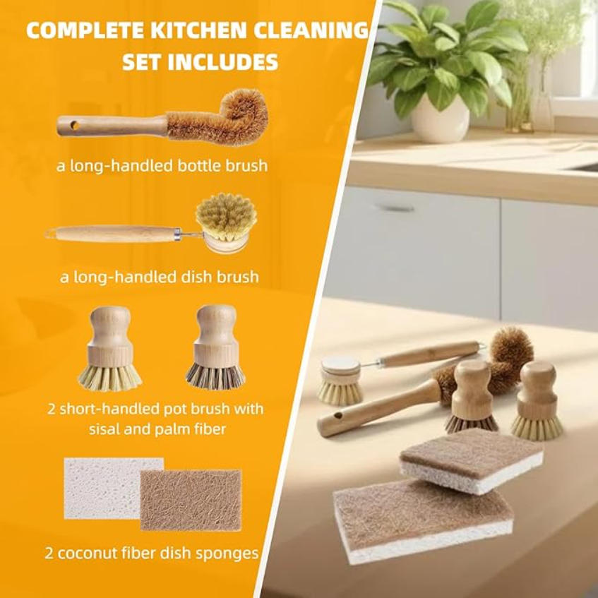 6 PCS Bamboo Dish Brush Set -  - Substrate Coconut Fiber ulasan dan harga